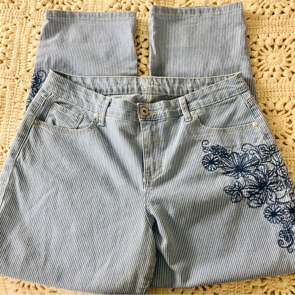 Railroad Stripe Jeans Embroidered Curvy Boyfriend Style & Co Size 12 29”inseam